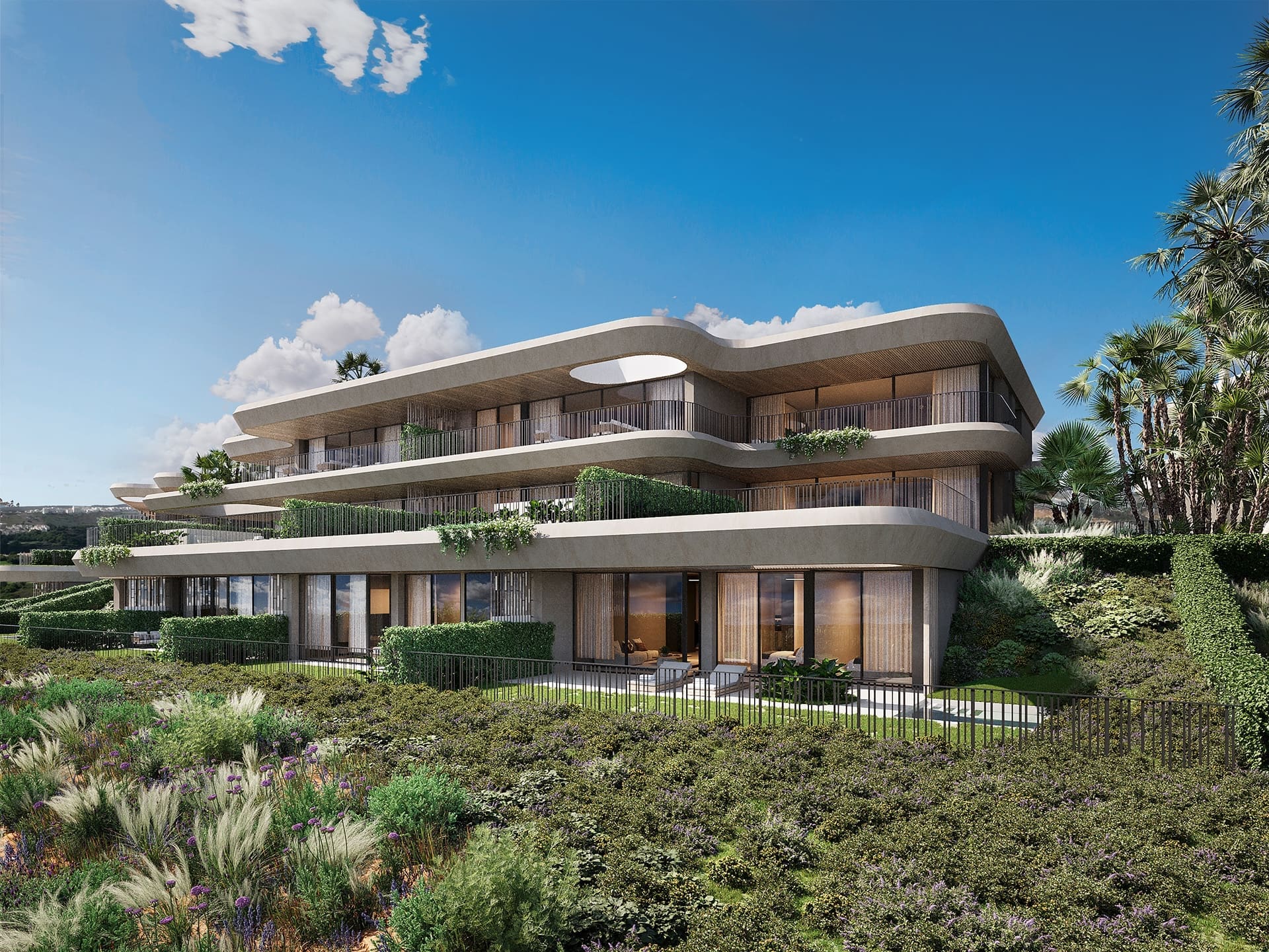 Moderne woningen van Nalu Suites in Casares Costa, gepresenteerd door MDR Luxury Homes, met een architectuur die harmonieert met de natuur en luxe leefruimtes biedt