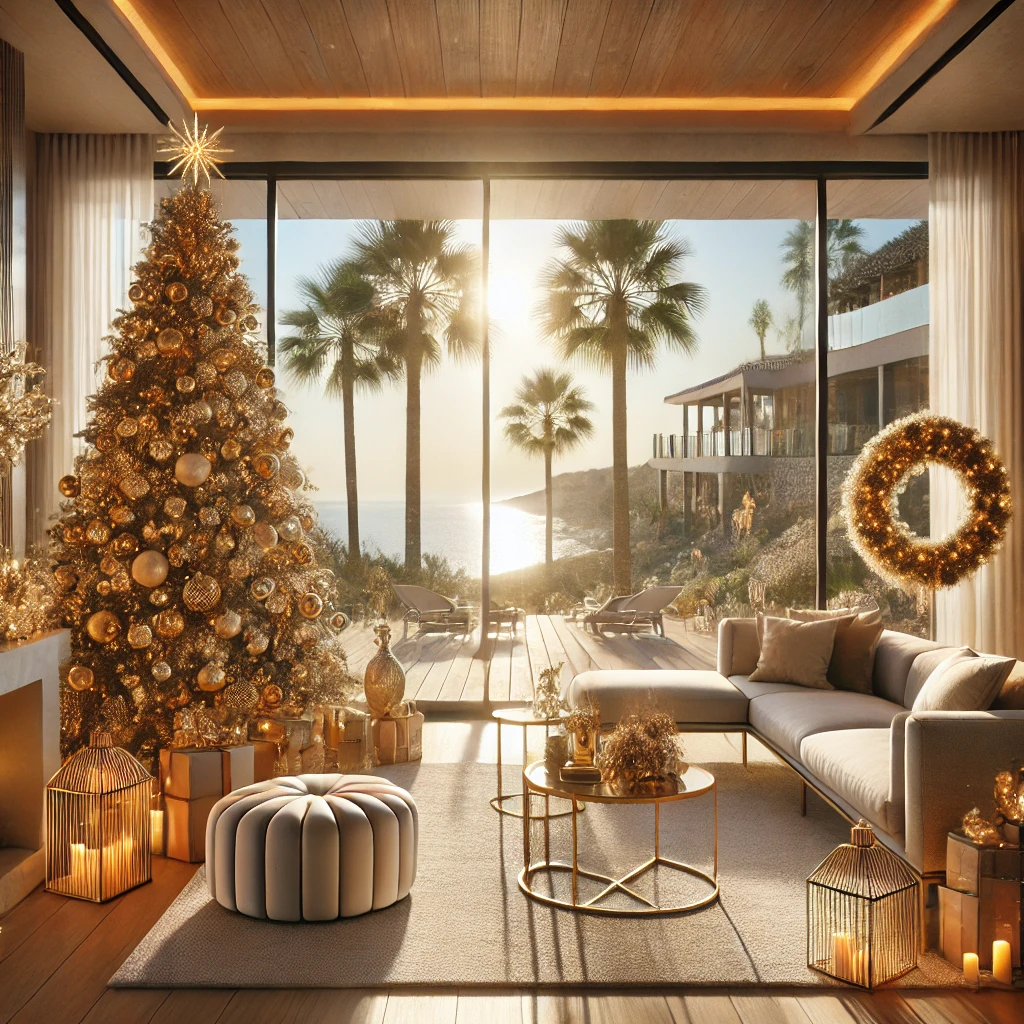 A luxurious villa living room decorated for Christmas featuring a modern Christmas tree with gold and silver ornaments warm festive lights and eleg | MDR Luxury Homes Luxe villa woonkamer met kerstdecoratie, gouden kerstboom en uitzicht op zee en palmbomen aan de Costa del Sol tijdens de feestdagen