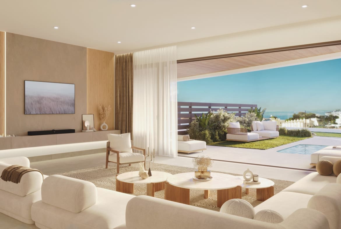 Korall Residences door MDR Luxury Homes in Fuengirola met luxe design en zeezicht Salon sin chimenea Korall Residences by MDR Luxury Homes in Fuengirola with luxury design and sea views.
