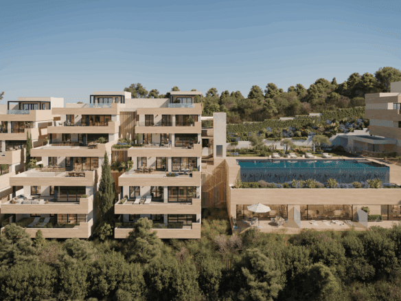 Luxury sea view apartments at Zélio Marbella by MDR Luxury Homes Renders-Exterior-zona-comun-diurna-17 | MDR Luxury Homes Elegant sea view terraces, infinity pool, and Mediterranean architecture at Zélio Marbella – luxury apartments by MDR Luxury Homes on the Costa del Sol