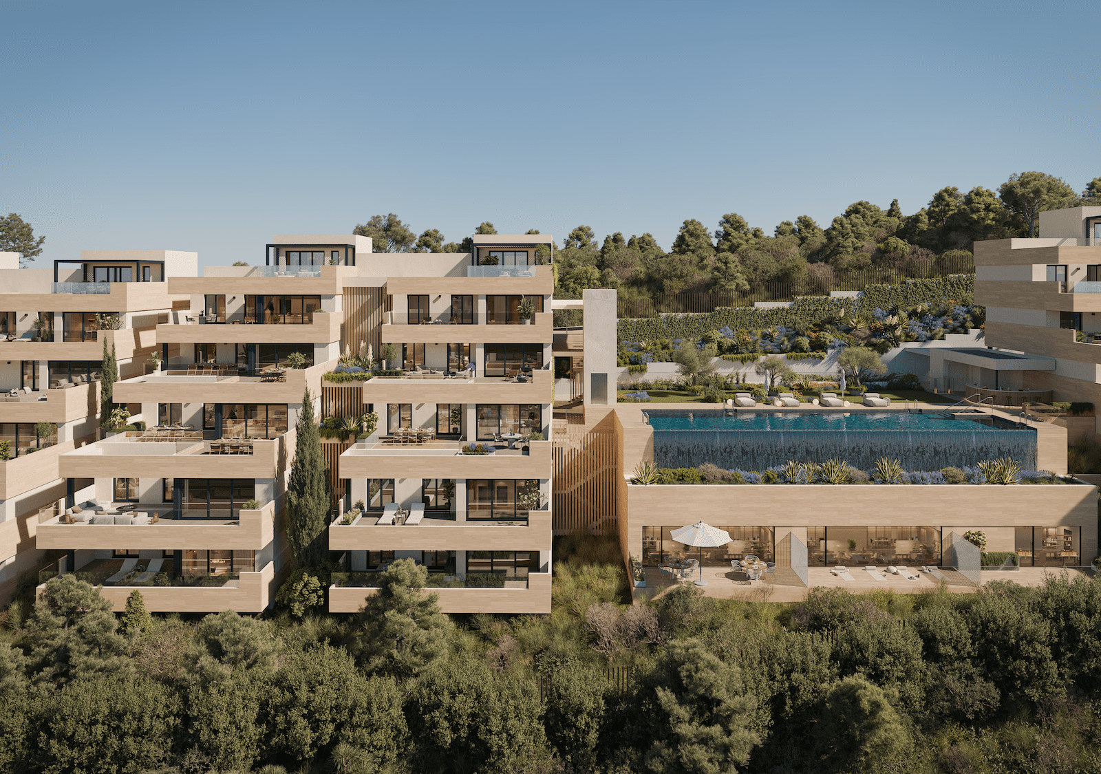 Elegant sea view terraces, infinity pool, and Mediterranean architecture at Zélio Marbella - luxury apartments by MDR Luxury Homes on the Costa del Sol