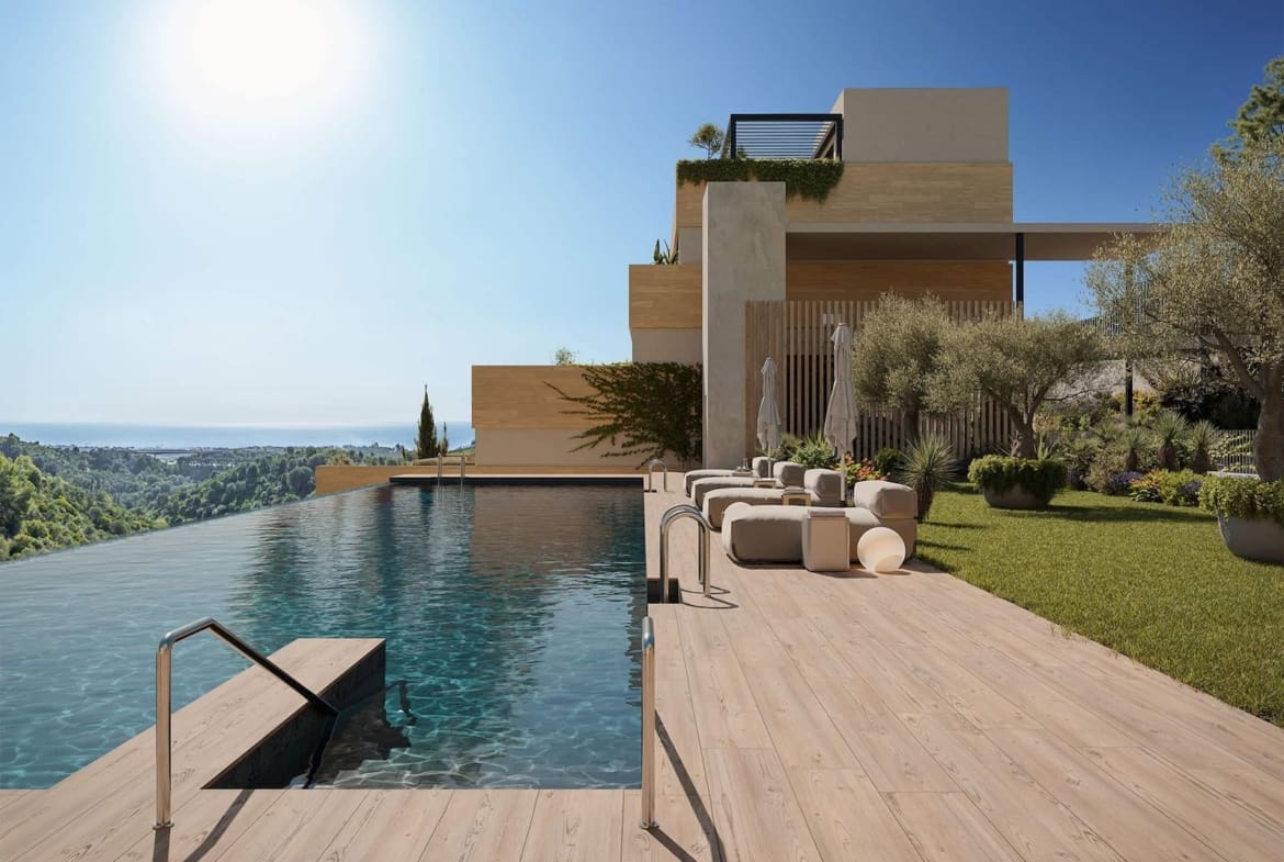 Elegant sea view terraces, infinity pool, and Mediterranean architecture at Zélio Marbella – luxury apartments by MDR Luxury Homes on the Costa del Sol