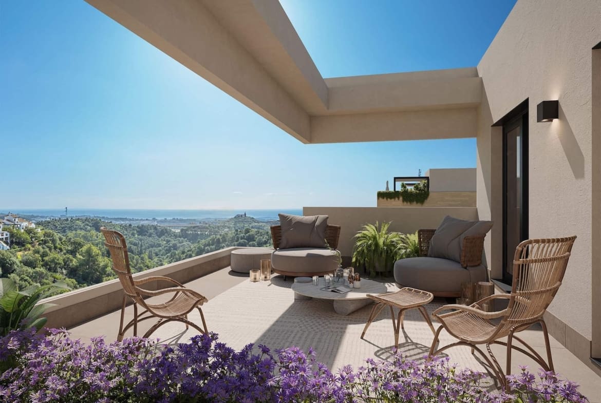 Elegant sea view terraces, infinity pool, and Mediterranean architecture at Zélio Marbella – luxury apartments by MDR Luxury Homes on the Costa del Sol