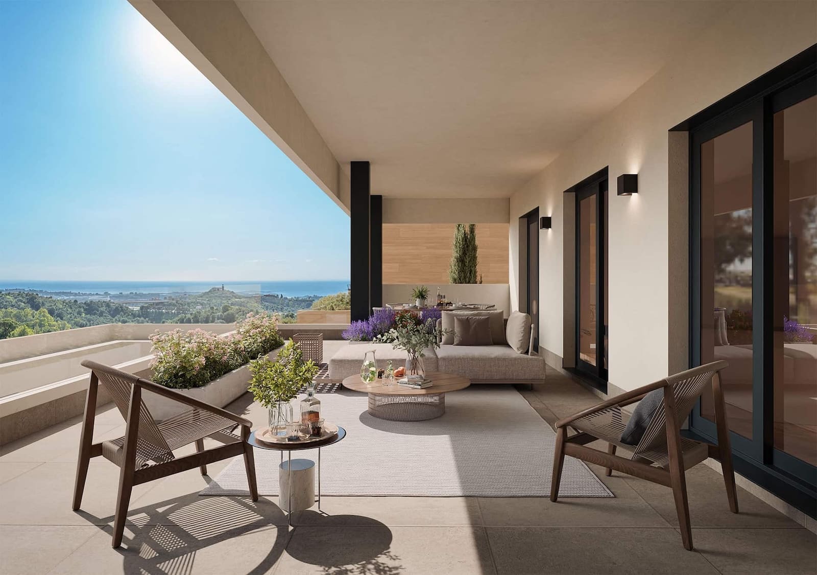 Elegant sea view terraces, infinity pool, and Mediterranean architecture at Zélio Marbella – luxury apartments by MDR Luxury Homes on the Costa del Sol