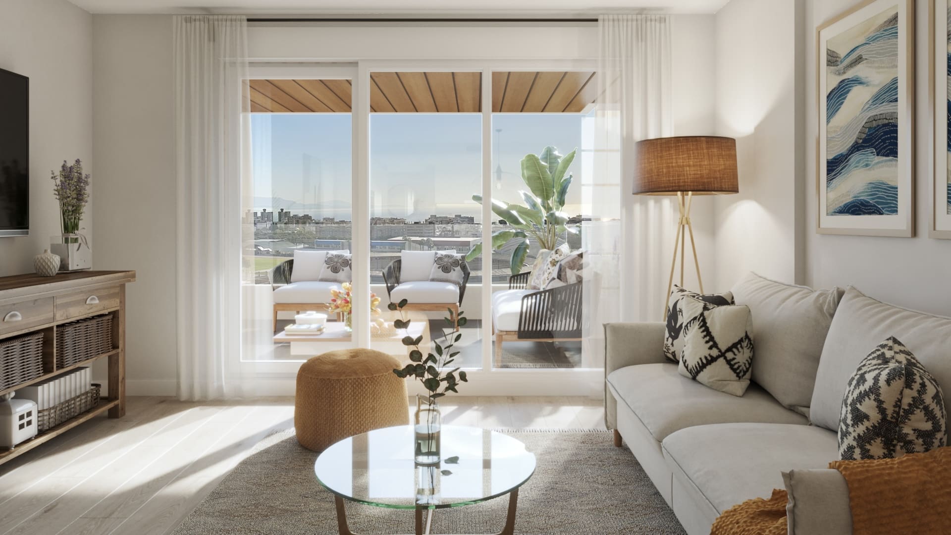 Sea view apartments with sustainable design in Torremolinos Miraluz by MDR Luxury Homes _salon_vista_terraza Sea view apartments with sustainable design in Torremolinos Miraluz by MDR Luxury Homes