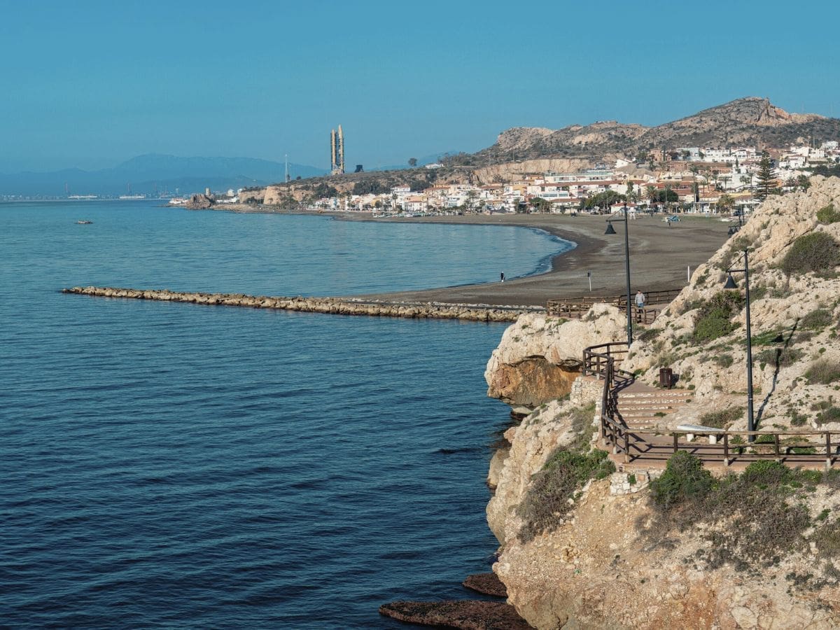 Panoramic view of the coastline of Rincón de la Victoria on the east side of Málaga with beach promenade and Mediterranean Sea