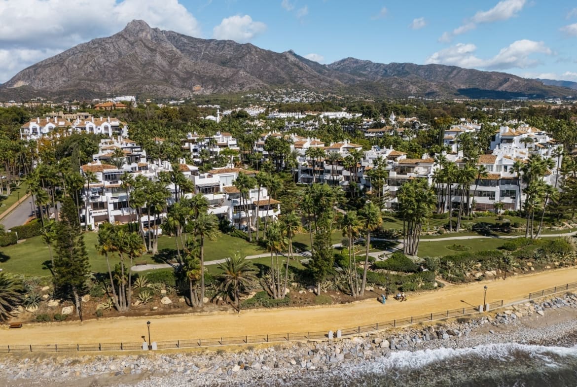 Aerial view of a white seaside resort with palm trees, a sandy beach, and a rocky shoreline set against a mountain backdrop.