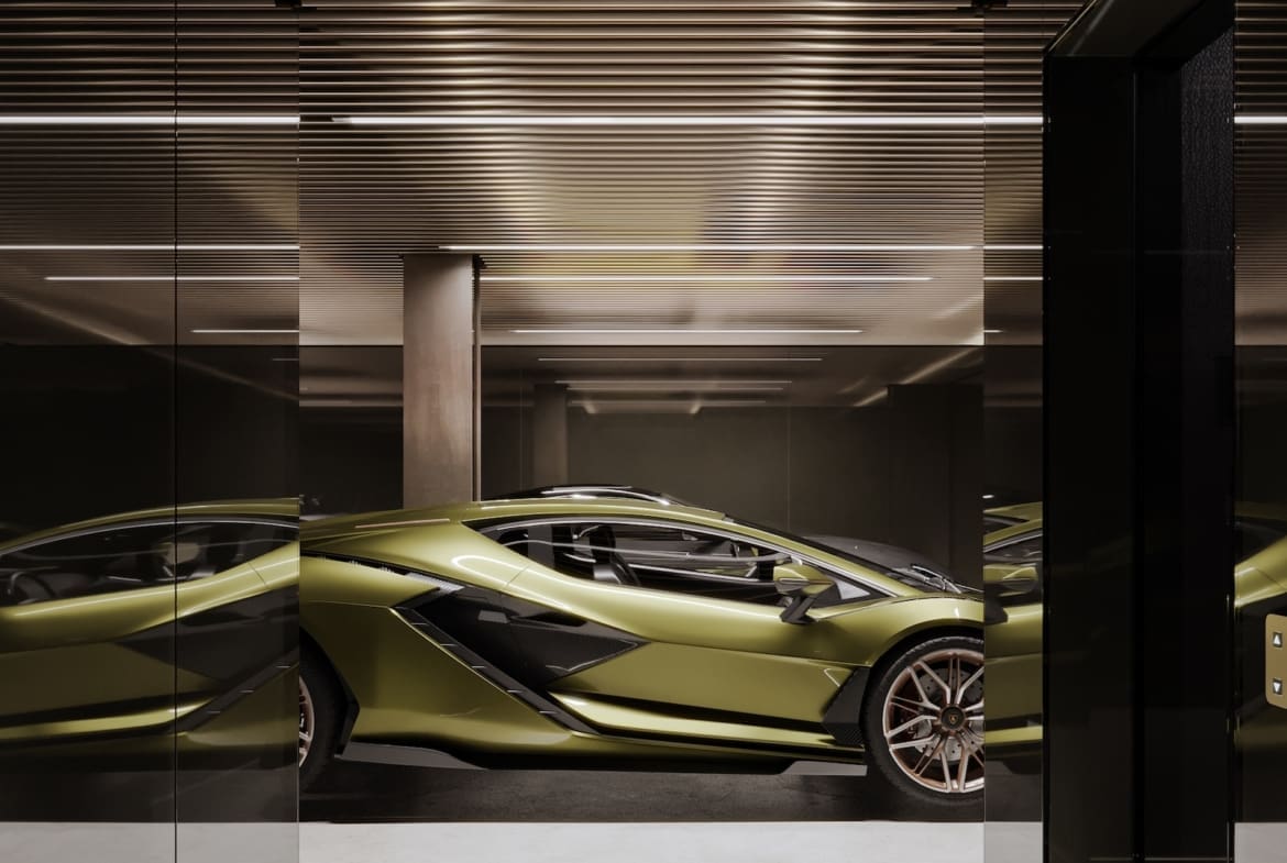 Lime-green luxury sports car displayed in a modern showroom with mirrored walls and horizontal metallic ceiling slats.