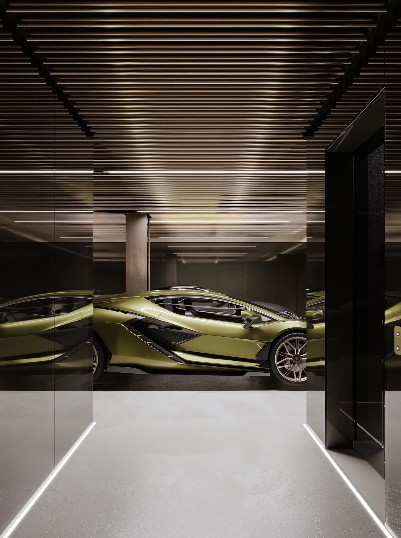 Lime-green luxury sports car displayed in a modern showroom with mirrored walls and horizontal metallic ceiling slats.