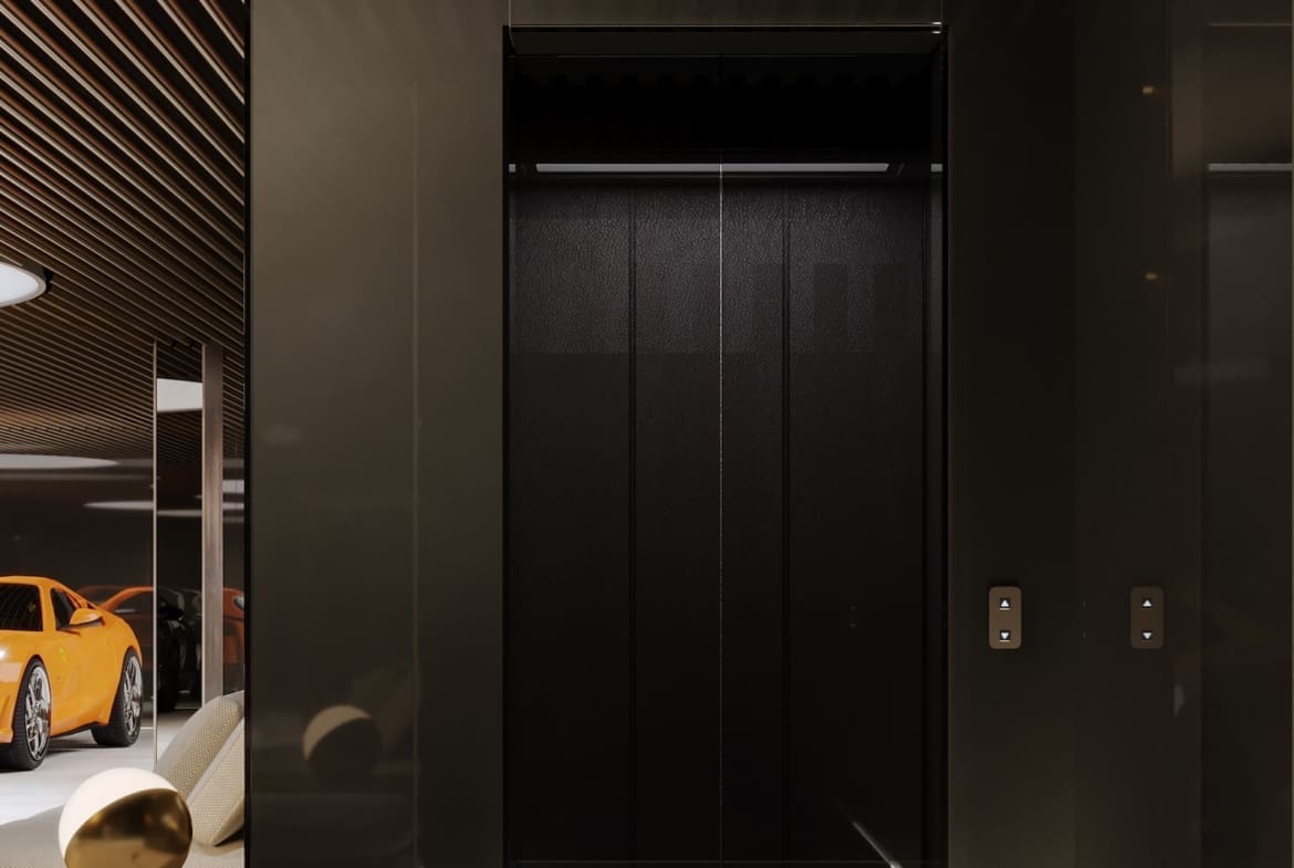 Dark, glossy elevator doors centered in a modern showroom with a wood-slatted ceiling and glimpses of bright yellow sports cars in the background.