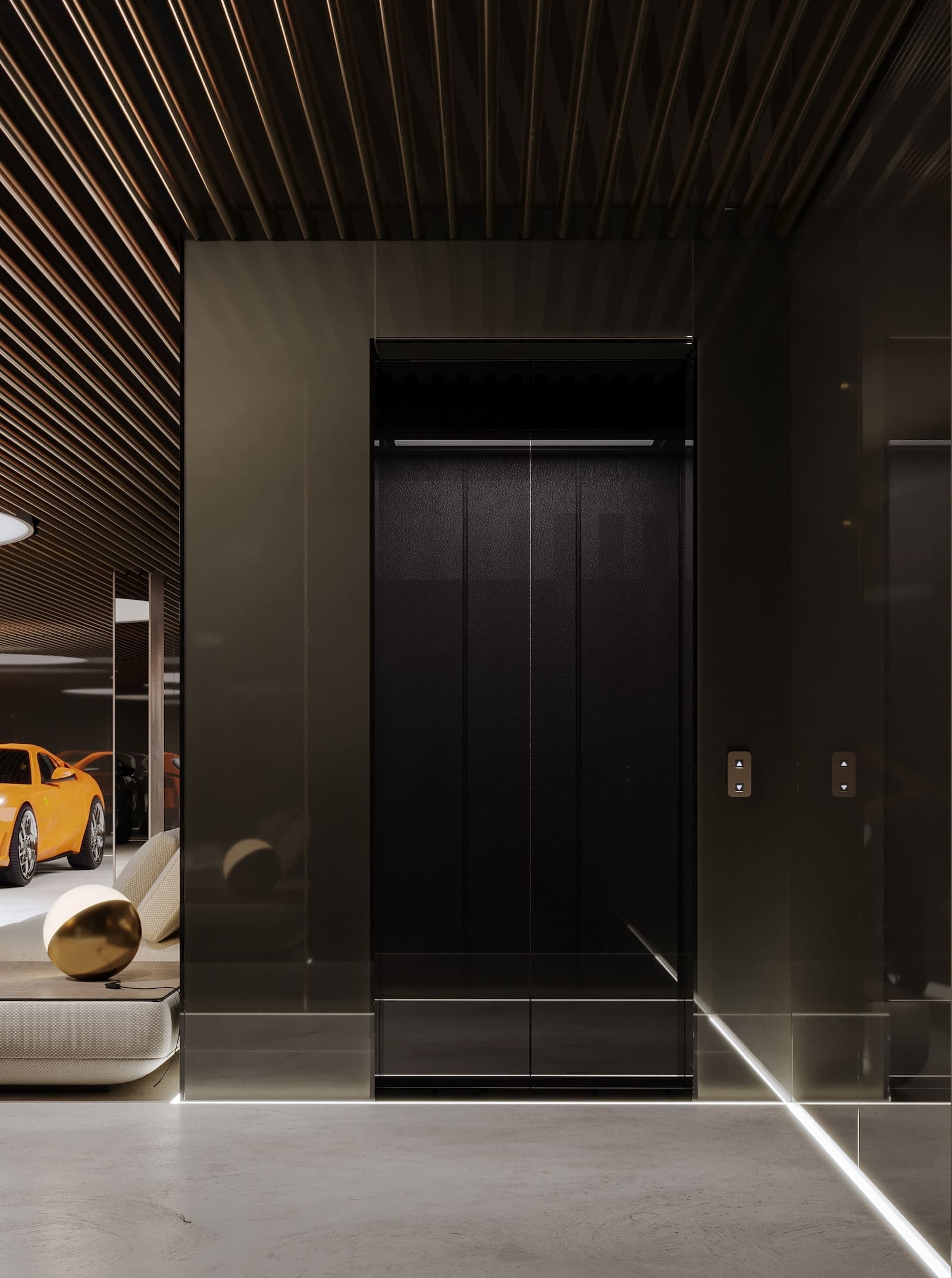Dark, glossy elevator doors centered in a modern showroom with a wood-slatted ceiling and glimpses of bright yellow sports cars in the background.