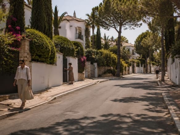 Rustige residentiële straat aan de Costa del Sol met mediterrane beplanting, bewoners die hun dagelijkse activiteiten uitvoeren en een ontspannen woonomgeving die de levensstijl van de buurt illustreert. Buurt Costa del Sol