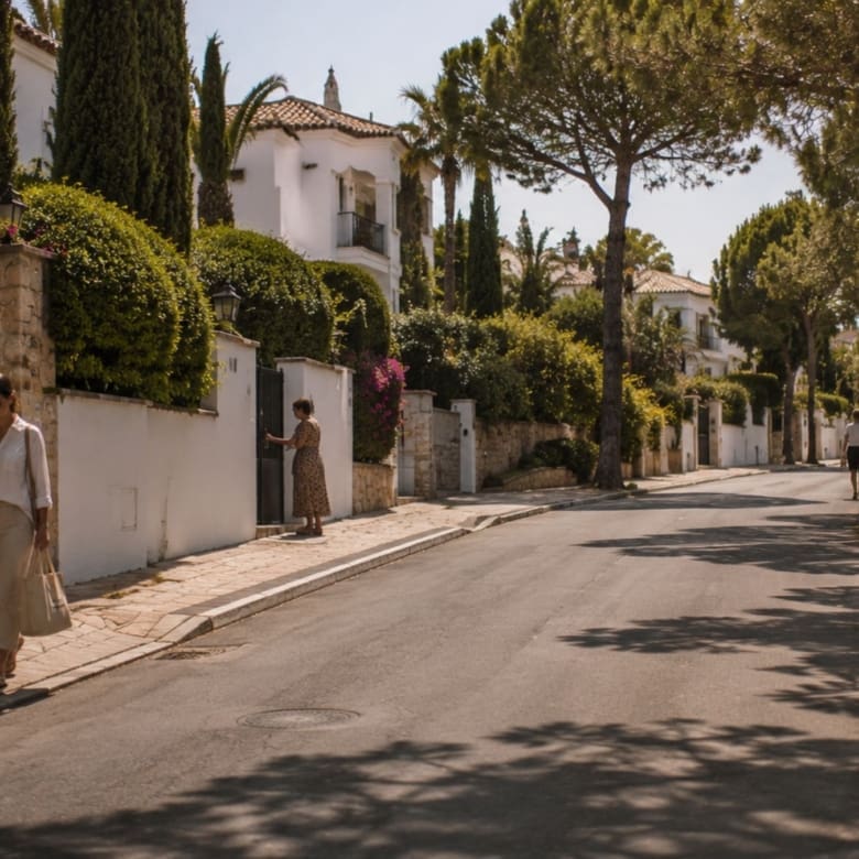 A quiet residential street on the Costa del Sol with Mediterranean vegetation, residents going about their daily activities, and a relaxed living environment that reflects the neighborhood’s lifestyle. Costa del Sol neighborhood